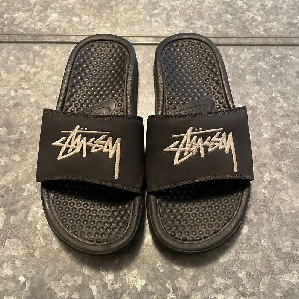 Stussy Nike Benassi Slide Sandal Mens 4 Black White DC5239-001 Streetwear 90s